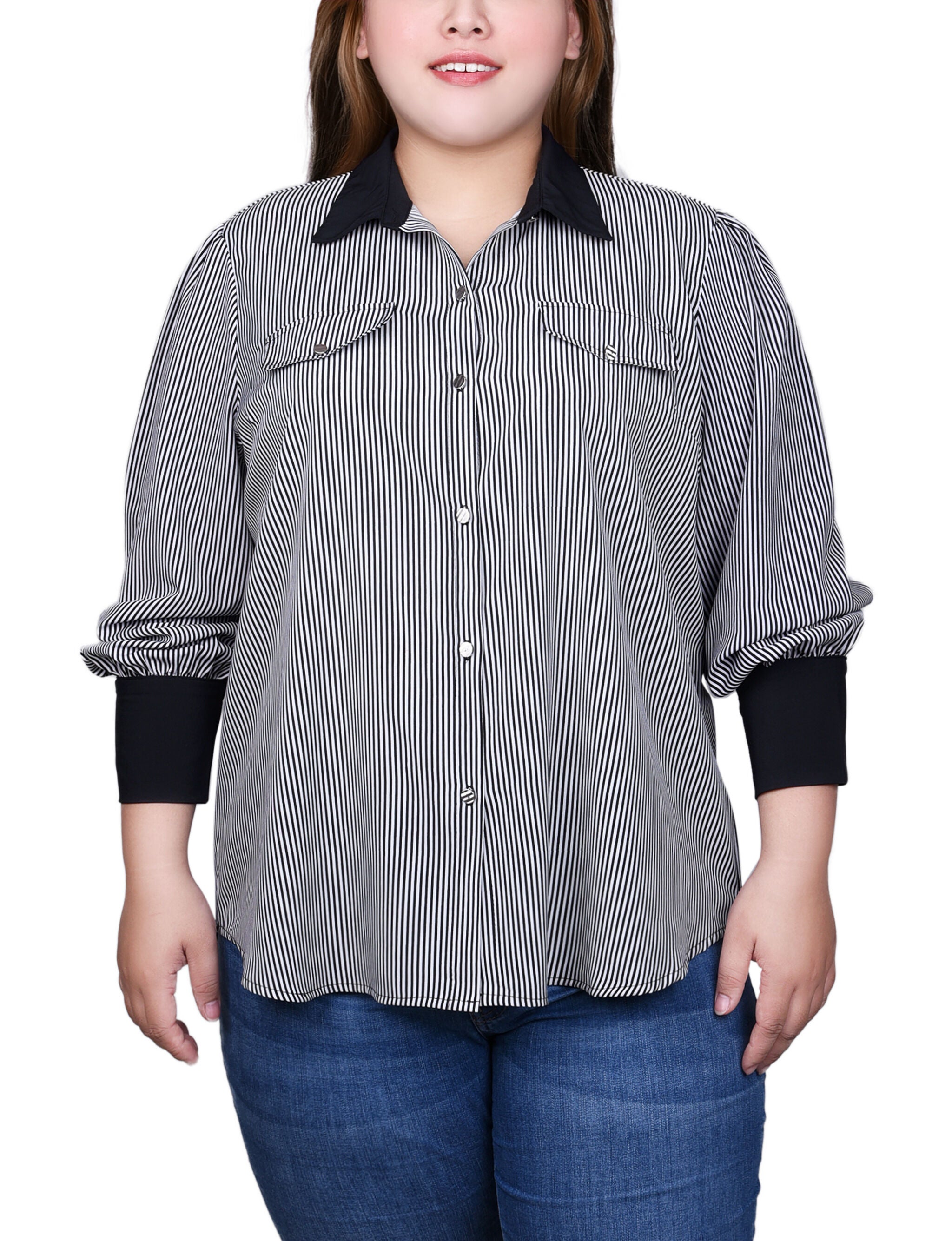 Long Sleeve Colorblocked Blouse, Black White Stripe, hi-res image number 0