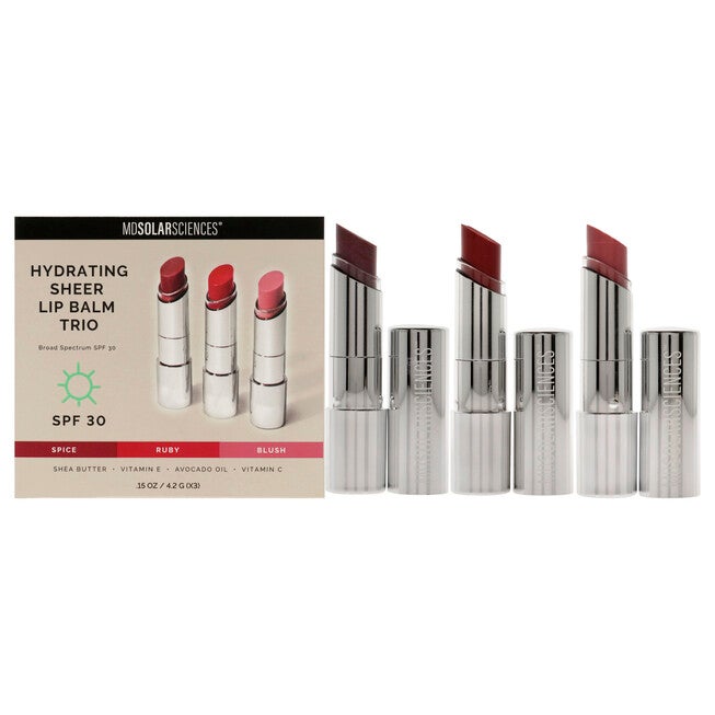 Hydrating Sheer Lip Balm Trio SPF 30 by MDSolarSciences for Women - 3 Pc 0.15oz Lip Balm - Spice, 0.15oz Lip Balm - Ruby, 0.15oz Lip Balm - Blush, See Description, hi-res image number 0