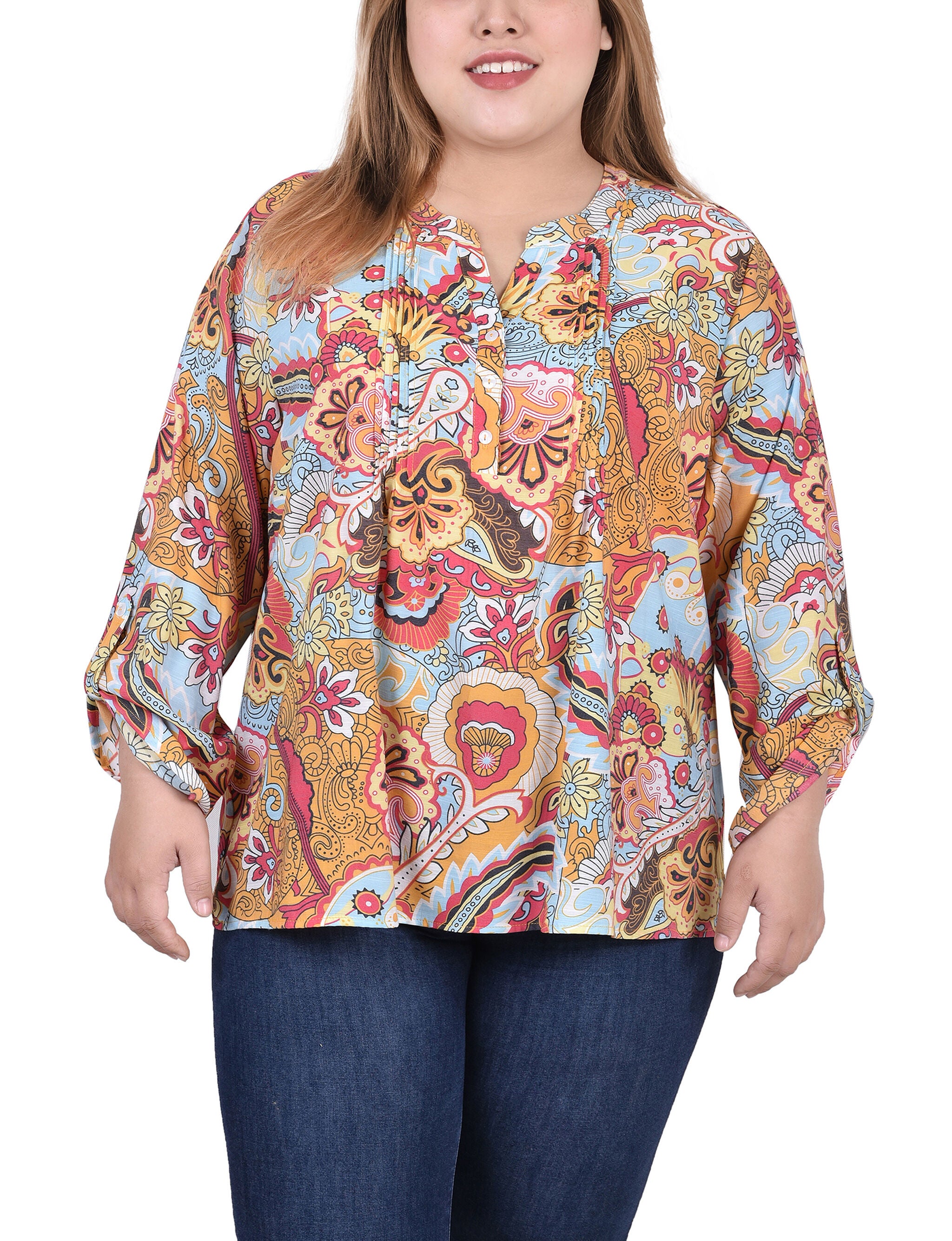Long Roll Tab Sleeve Pintuck Front Blouse, Blue Orange Floral Paisley, hi-res image number 0
