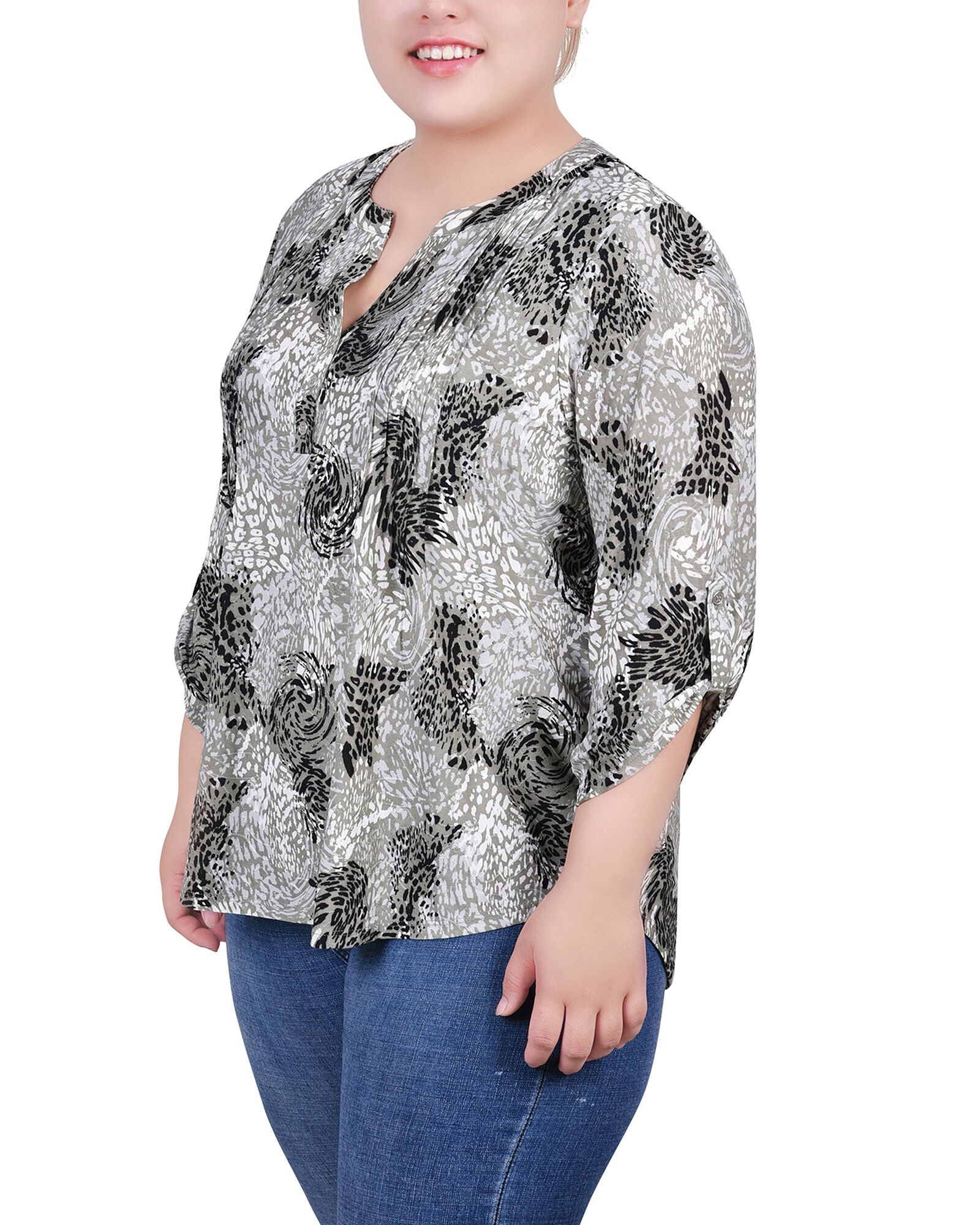 3/4 Roll Tab Sleeve Y Neck Top, , alternate image number 2