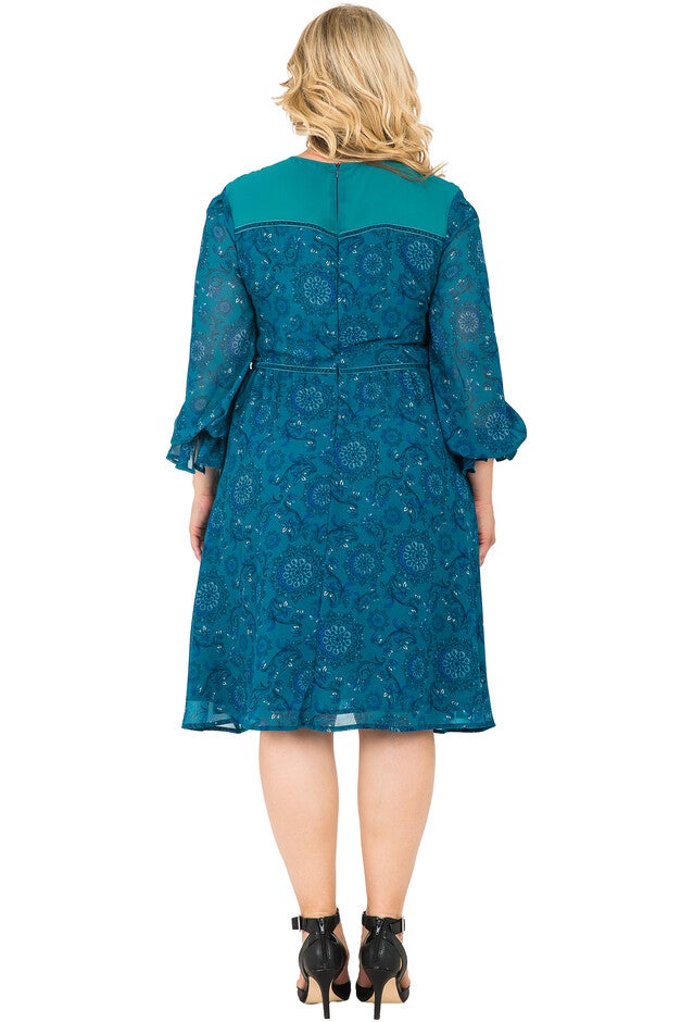 Plus Size Women Knee-Length Puff Sleeve Teal Chiffon Dress, , alternate image number 1