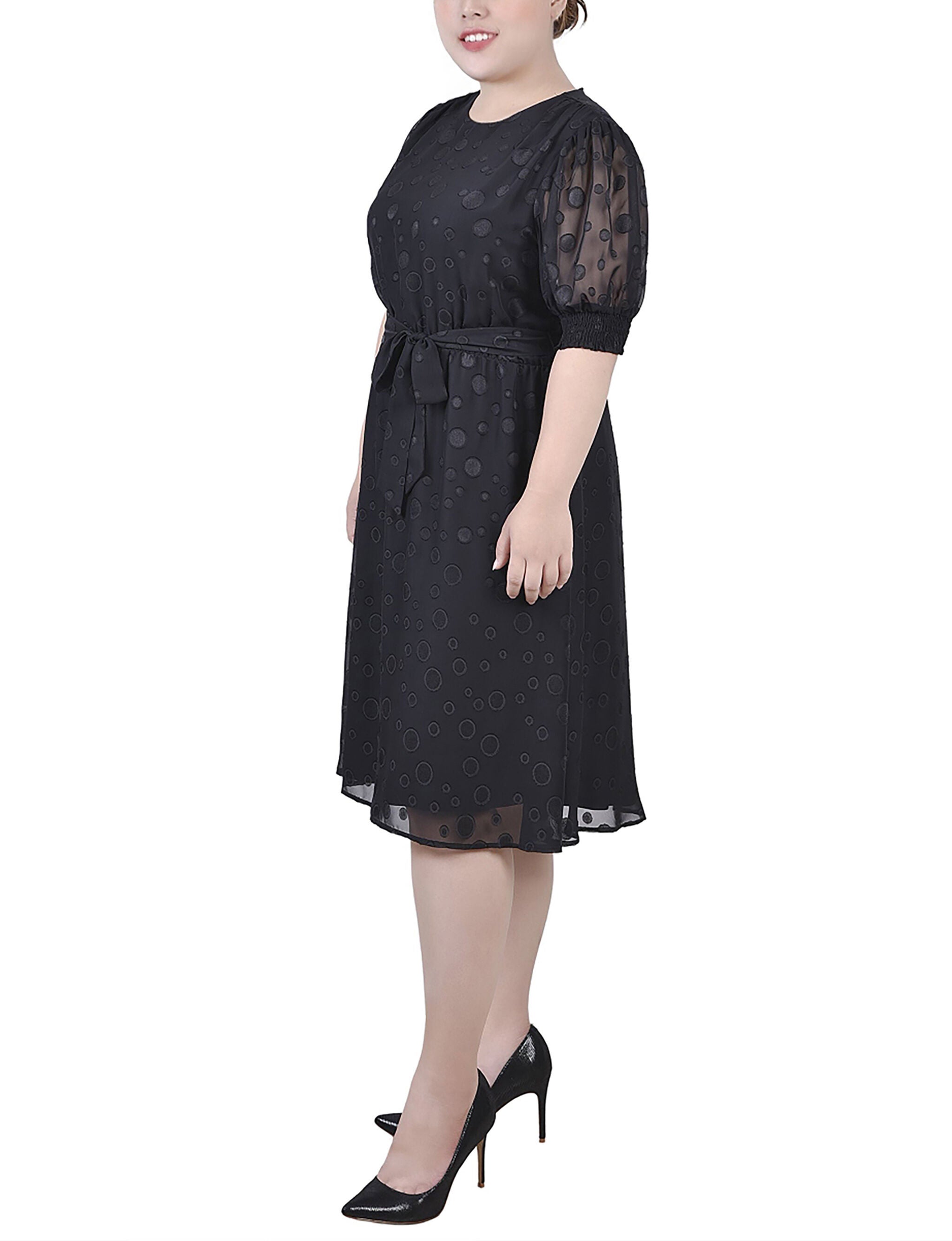 Elbow Sleeve Swiss Dot Dress, Black, alternate image number 1