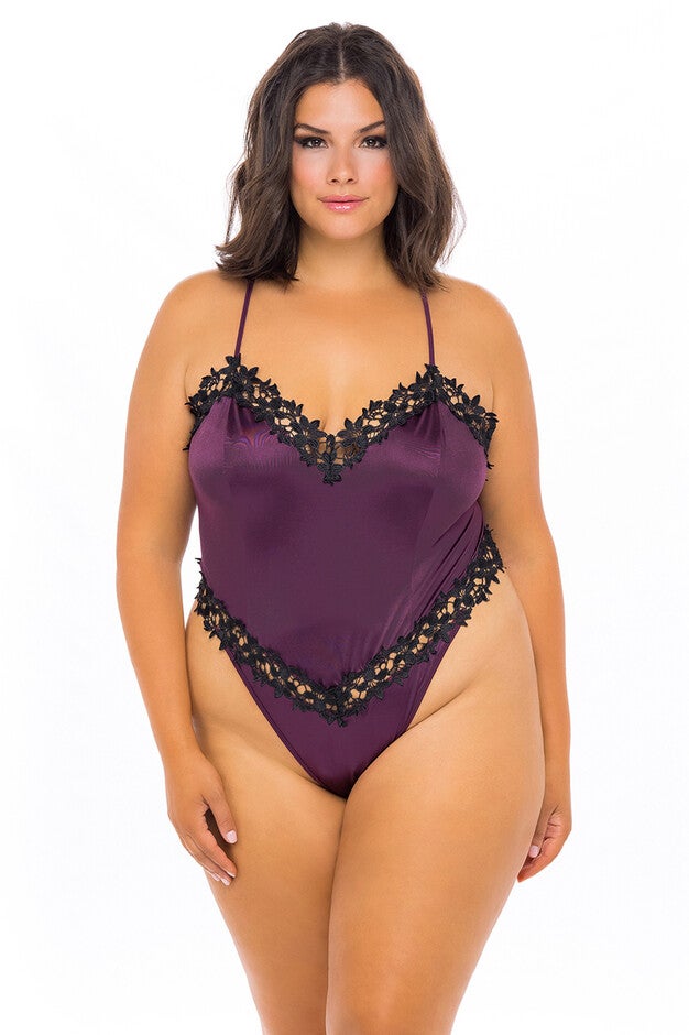 Embroidered Satin Teddy, Plum, hi-res image number null