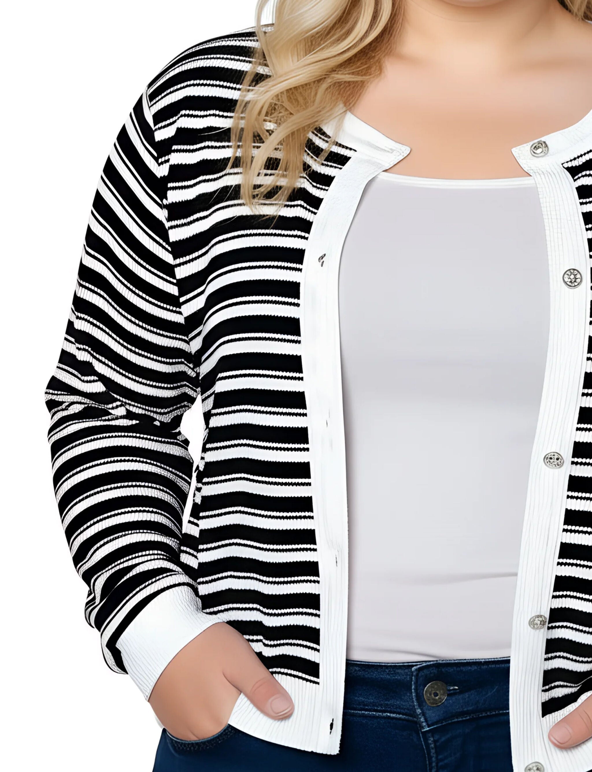Plus Size Long sleeve Ribbed Cardigan, Black White Stripe, alternate image number 2