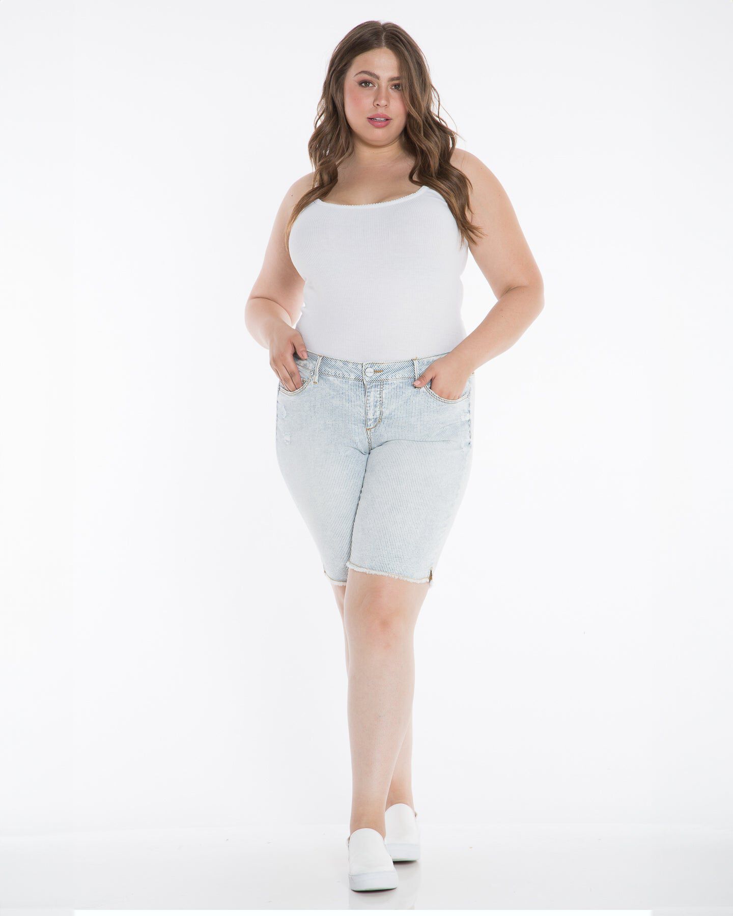 Mid Rise Bermuda - Denim Stripes