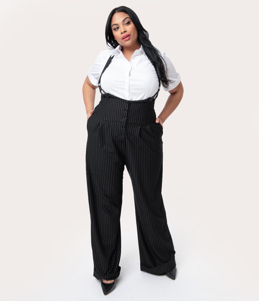 Unique Vintage Black & White Pin Stripe Thelma Suspender Pants