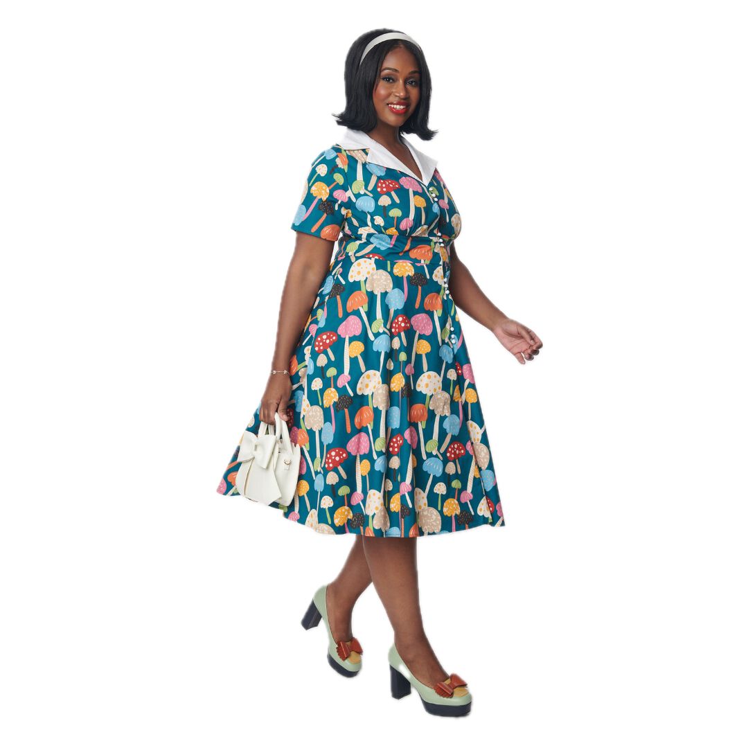 Unique Vintage Teal & Multicolor Mushroom Swing Dress
