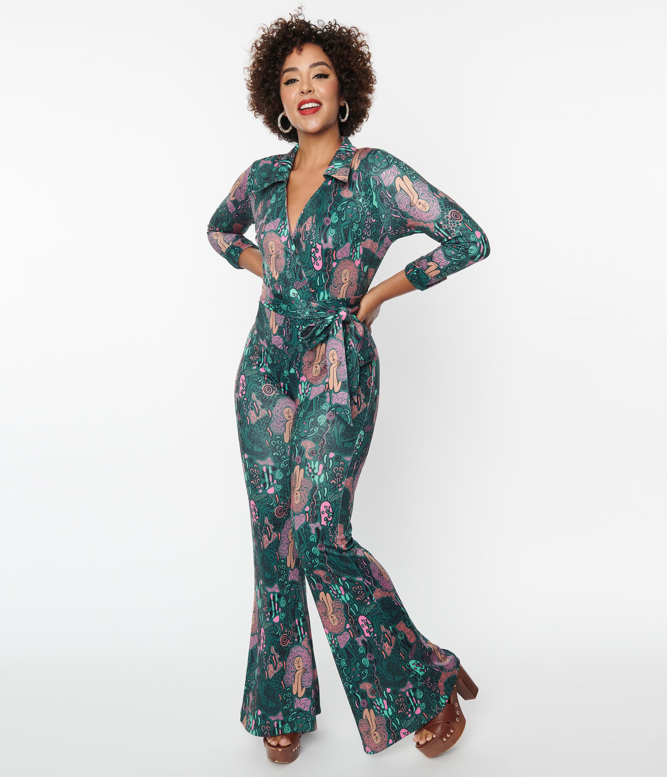 Unique Vintage Green & Pink Mannequin Doodle Print Jumpsuit
