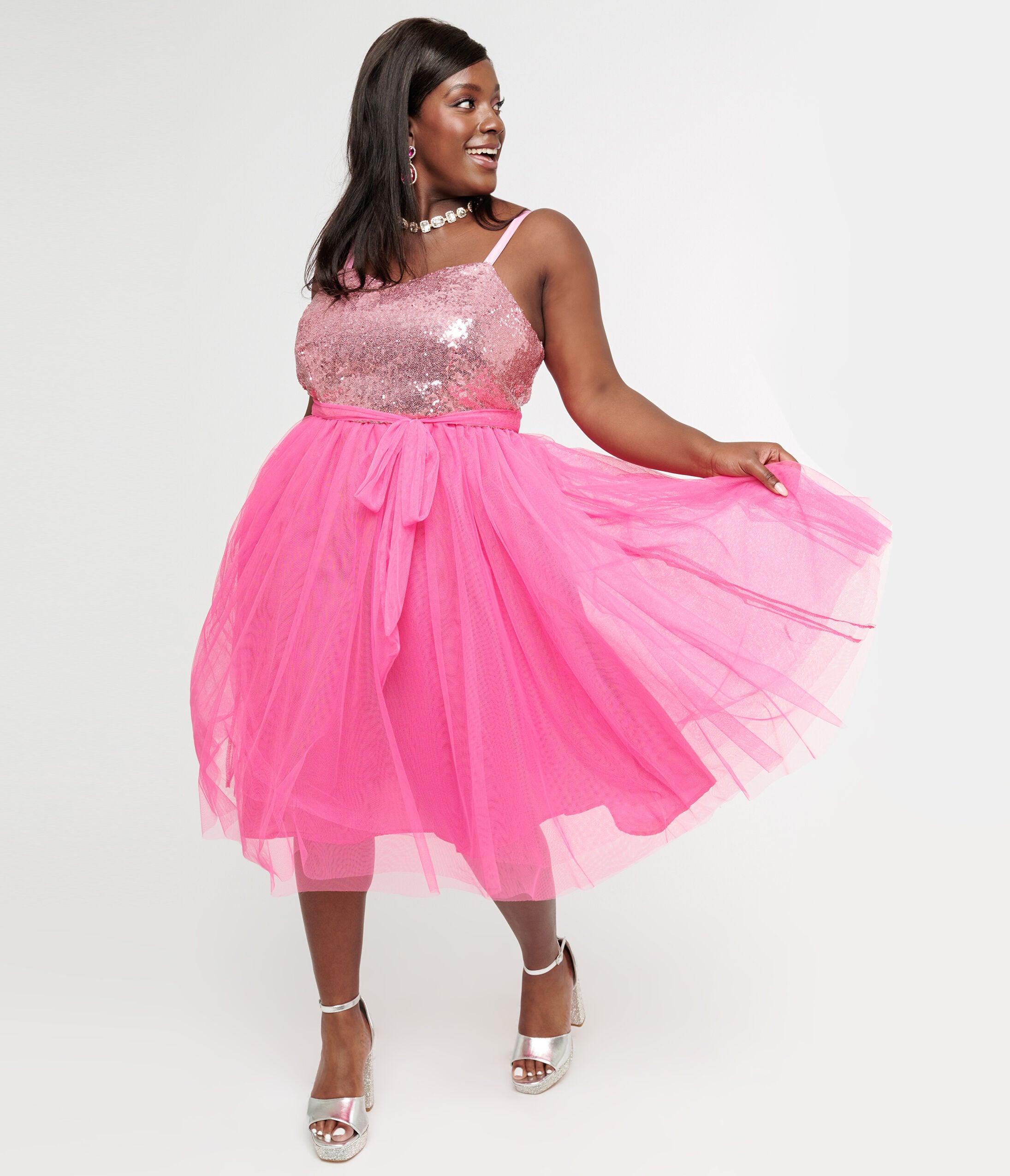 Barbie x Unique Vintage 1980s Pink Sequin Day To Night Swing Dress