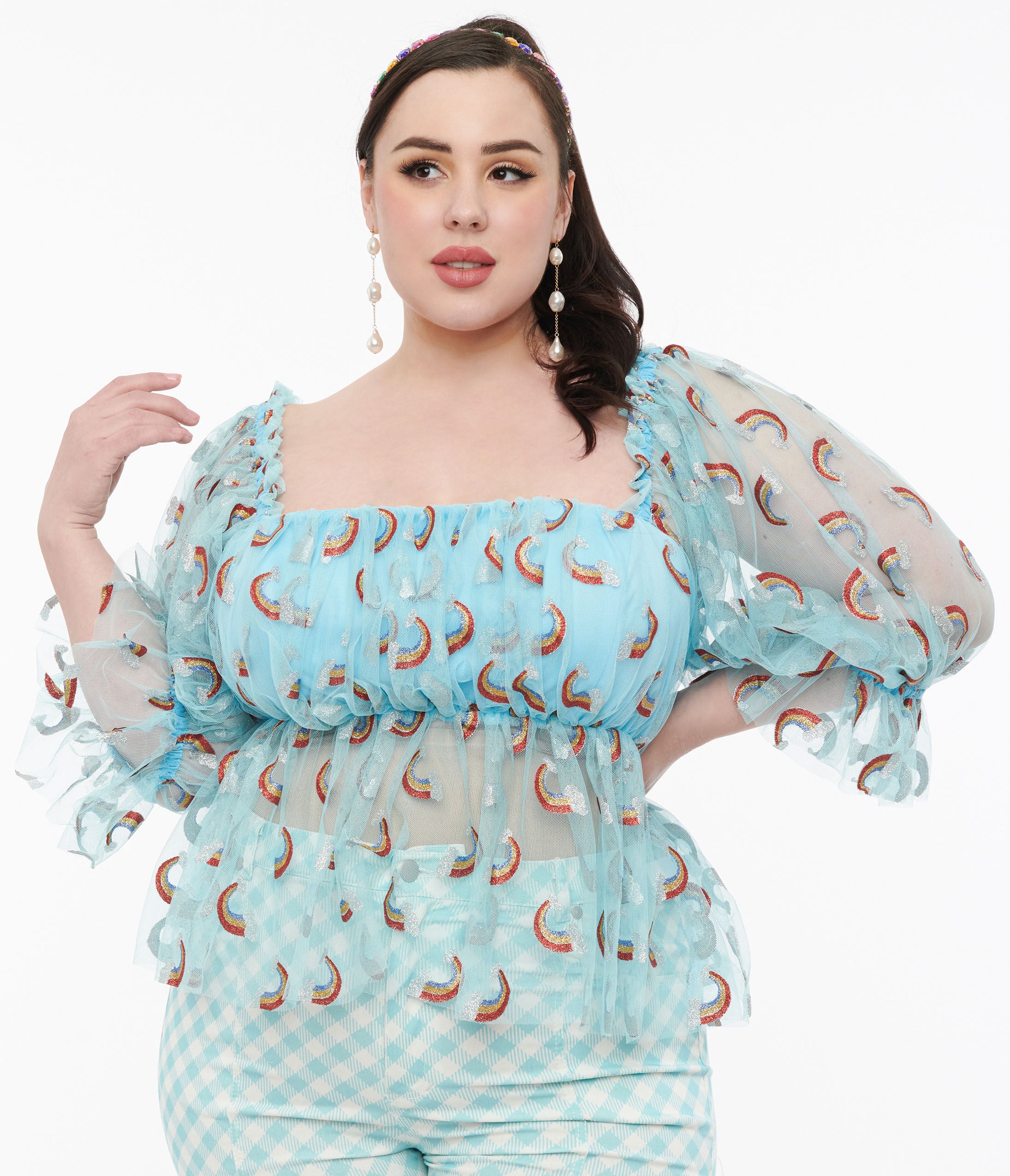 Smak Parlour 1960s Sky Blue & Glitter Rainbow Mesh Ruffle Babydoll Top