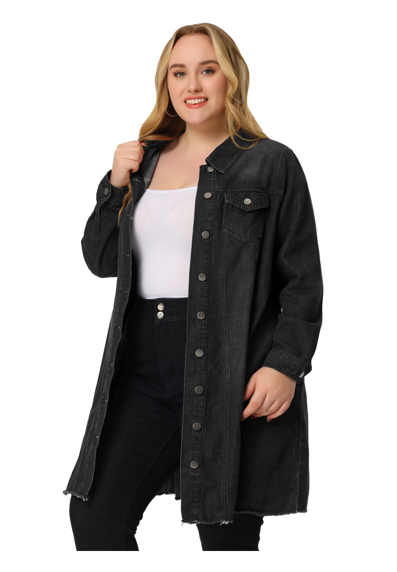 DISTRESSED BUTTON UP POCKET LONG DENIM JACKET
