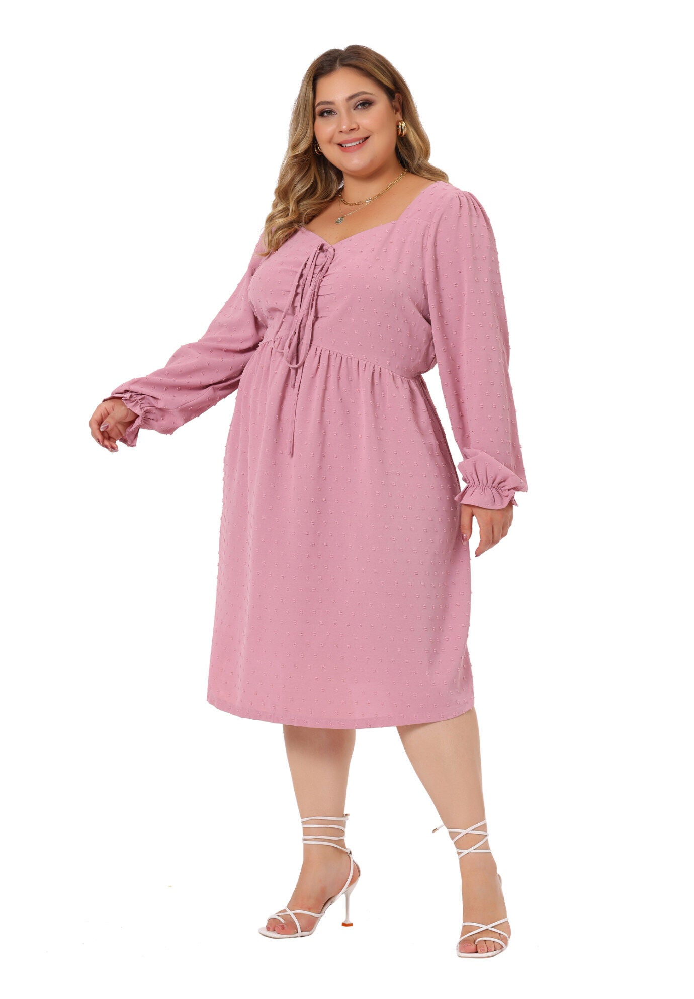 Swiss Dots&nbsp;Long&nbsp;Sleeve&nbsp;Sweetheart Neck Ruffle Tiered Midi Dress