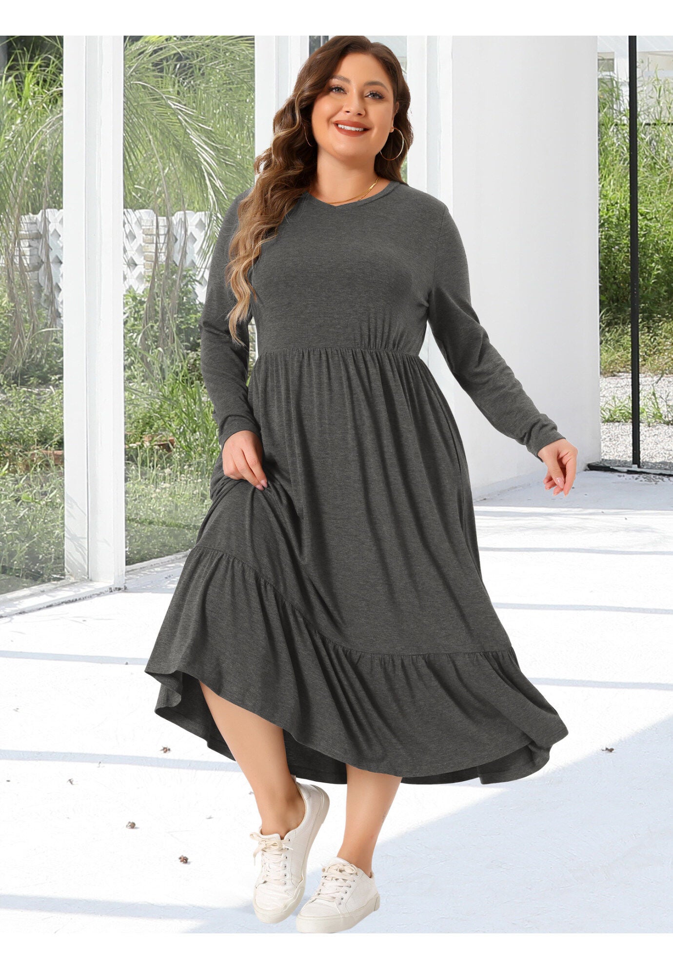 V Neck T Shirts Flowy Tiered A-Line Dress with Pockets