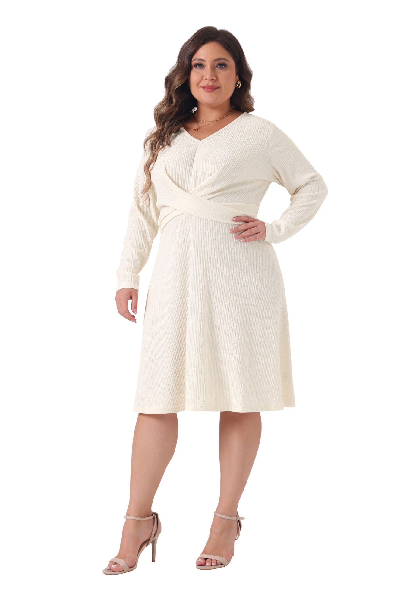 Long Sleeve Elegant Knitted Criss Cross V Neck Sweater Midi Dress