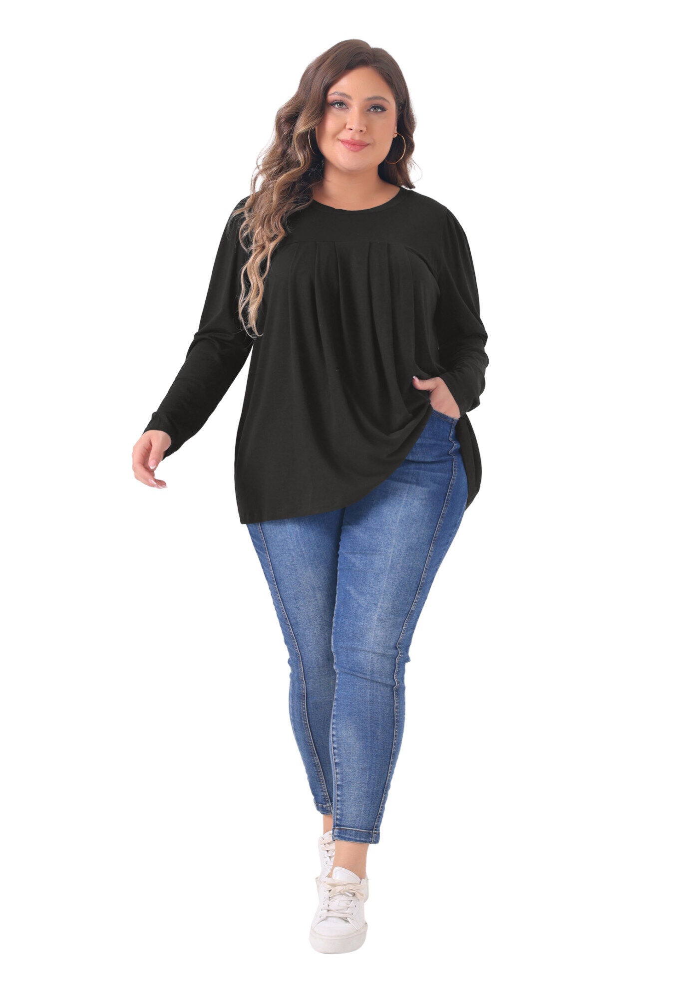 Pleated Crew Neck Blouses Casual Loose Top