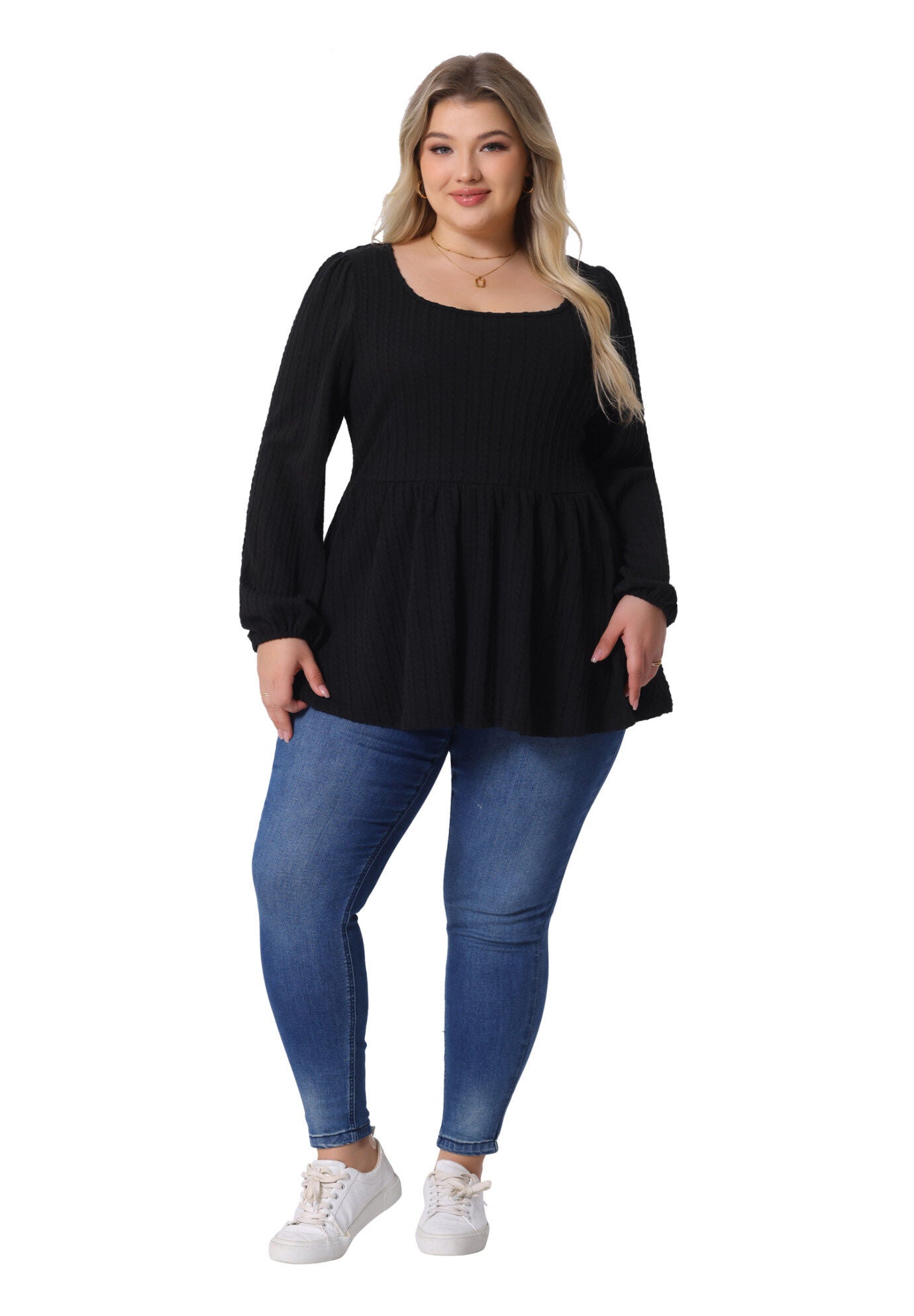 Scoop Neck Long&nbsp;Sleeve&nbsp;Ruffle Hem Peplum Knit Blouse