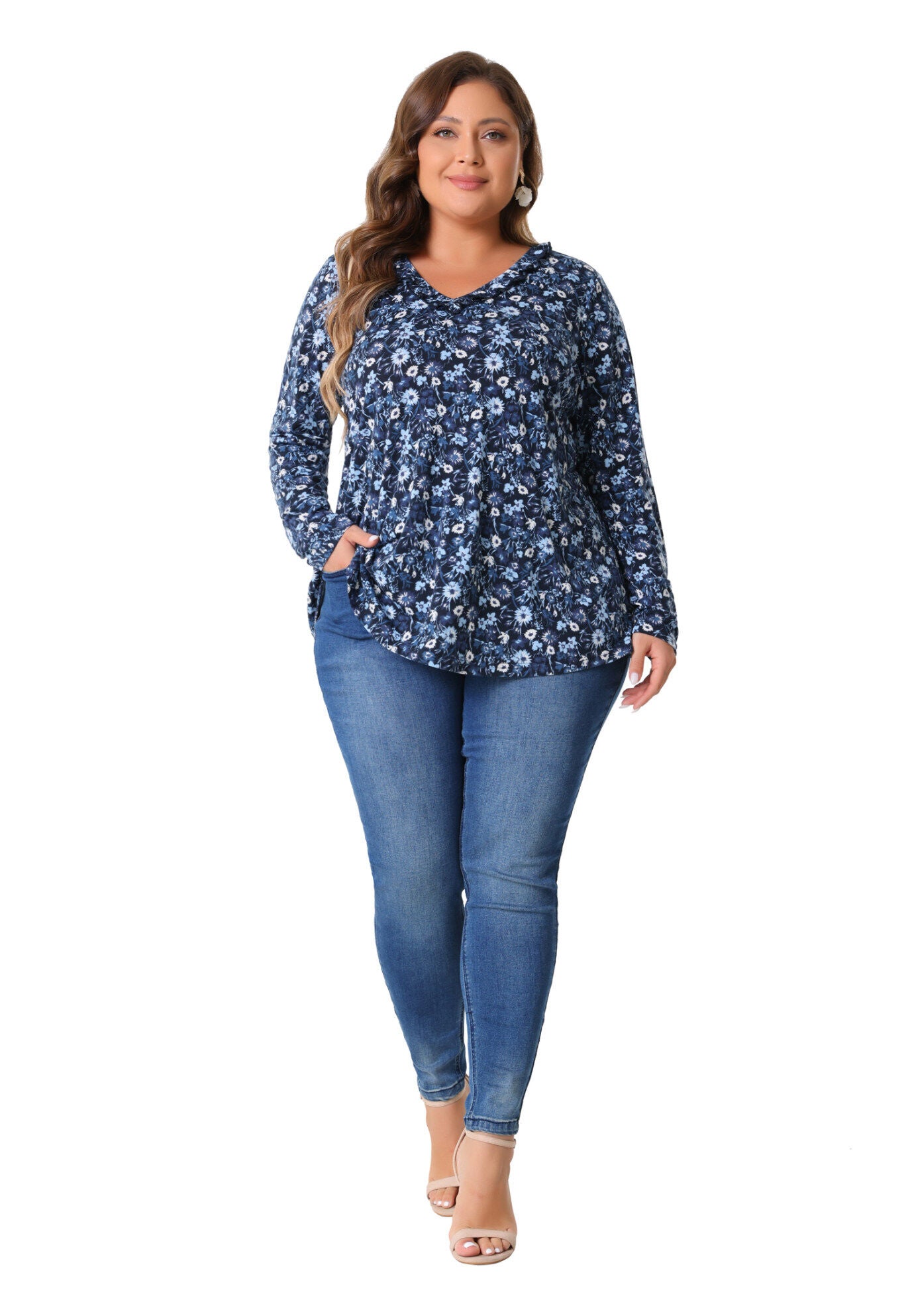 Floral V Neck Long Sleeve Ruffle Tunic Blouse Top
