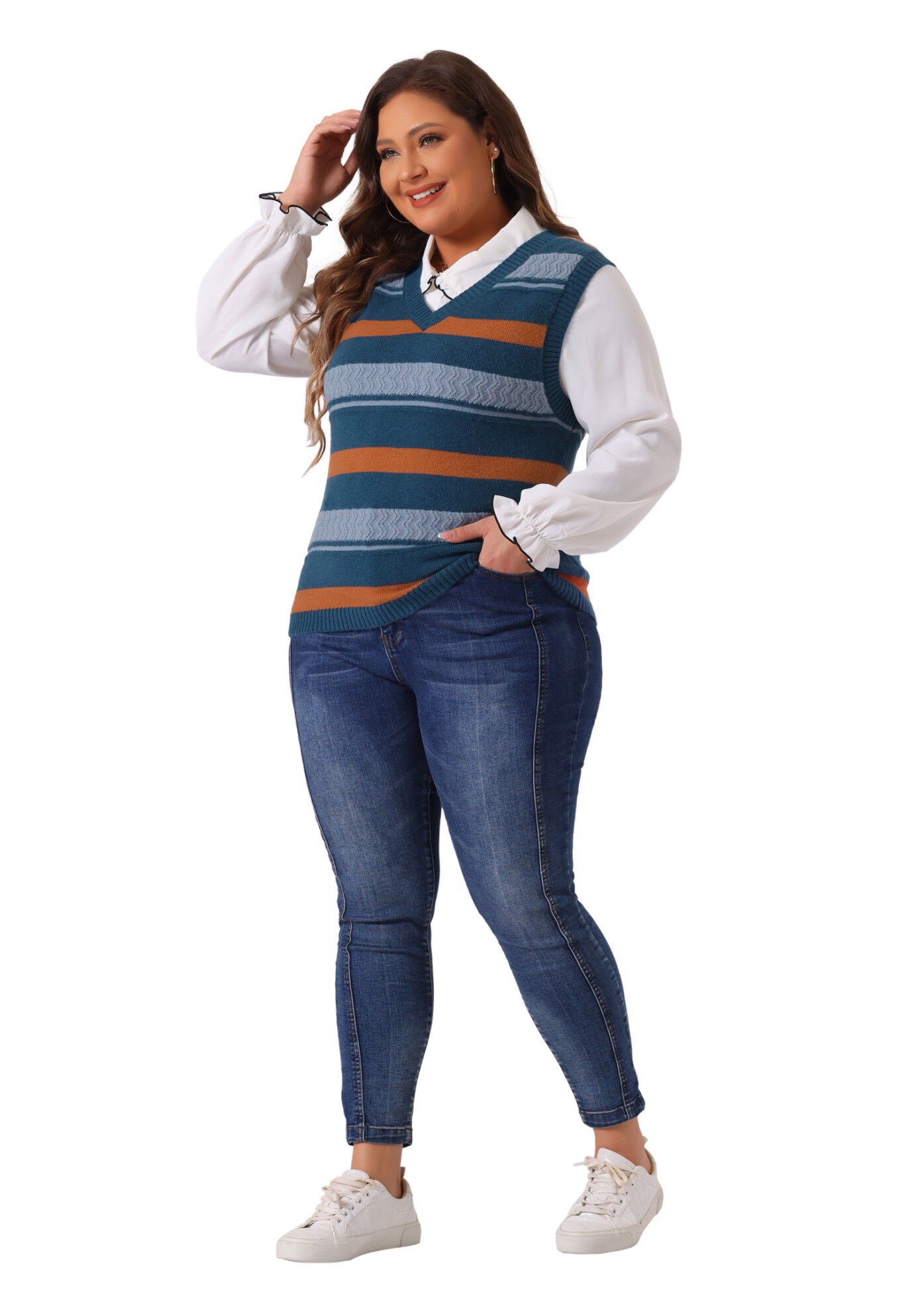 V Neck Striped Knit Casual Pullover Sweater Vest