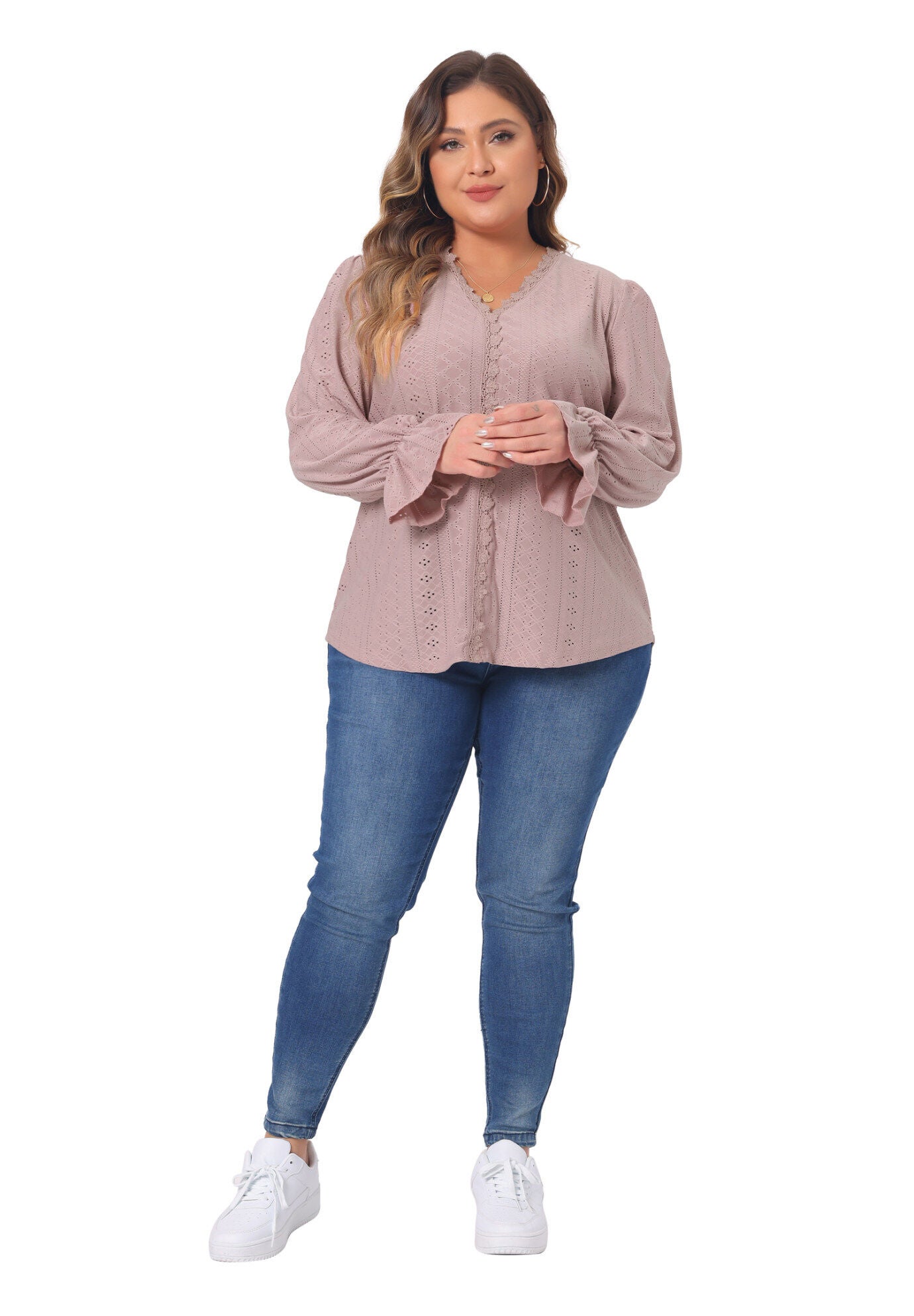 V Neck Ruffle Eyelet Lace Crochet Hollow Blouse