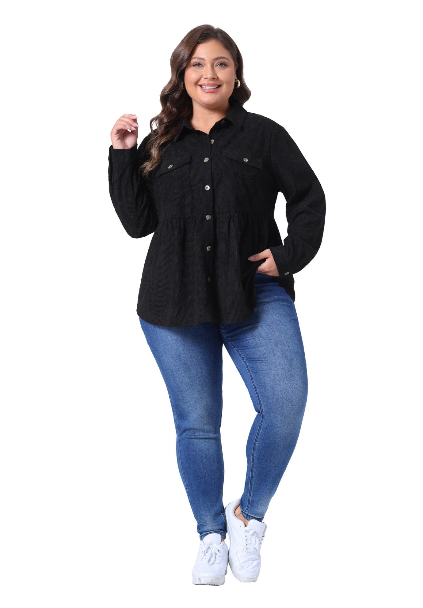 Peplum Button Down with Pockets&nbsp;Corduroy Shirt