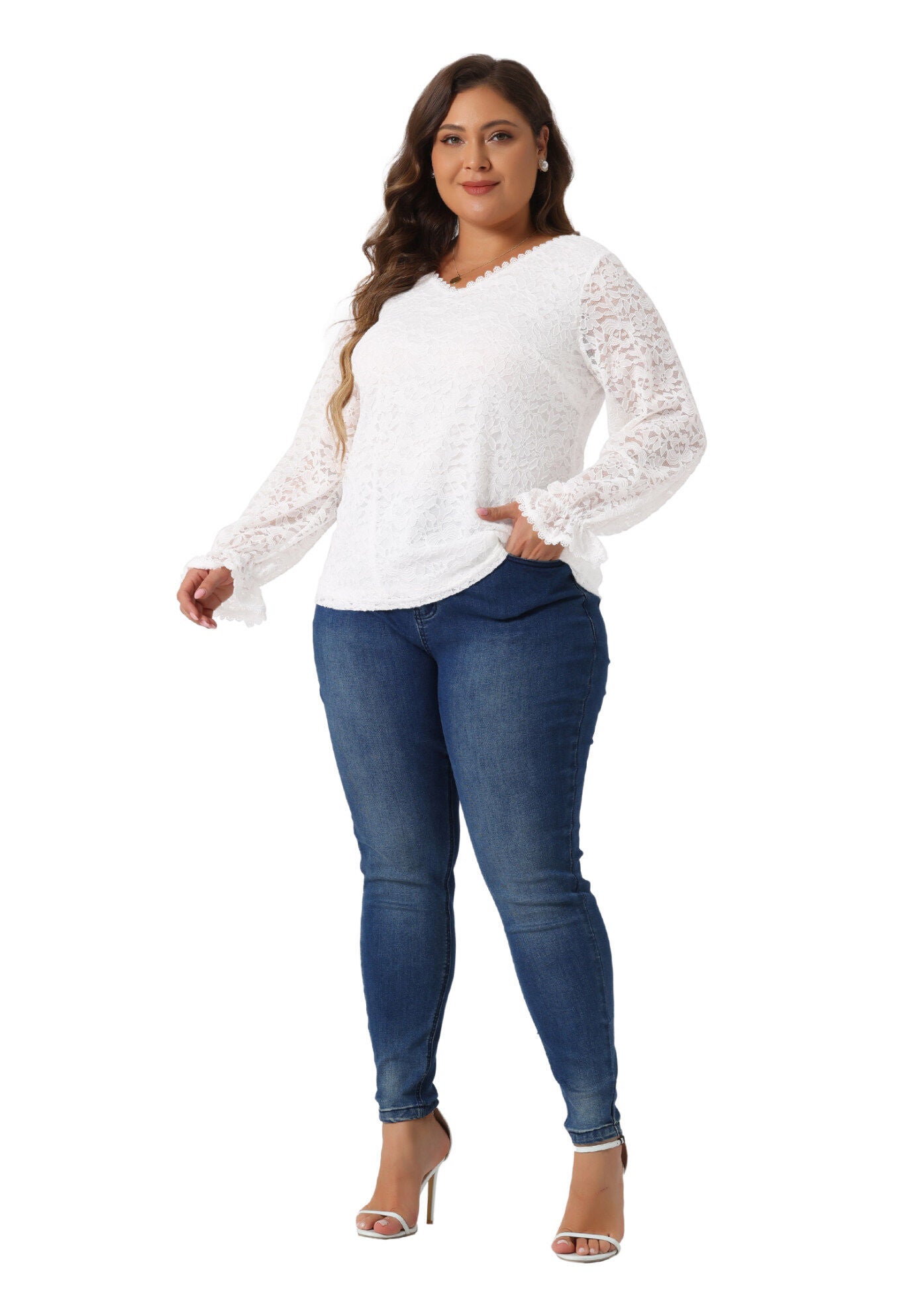 Lace V Neck Long Sleeve Blouse Tunic Top