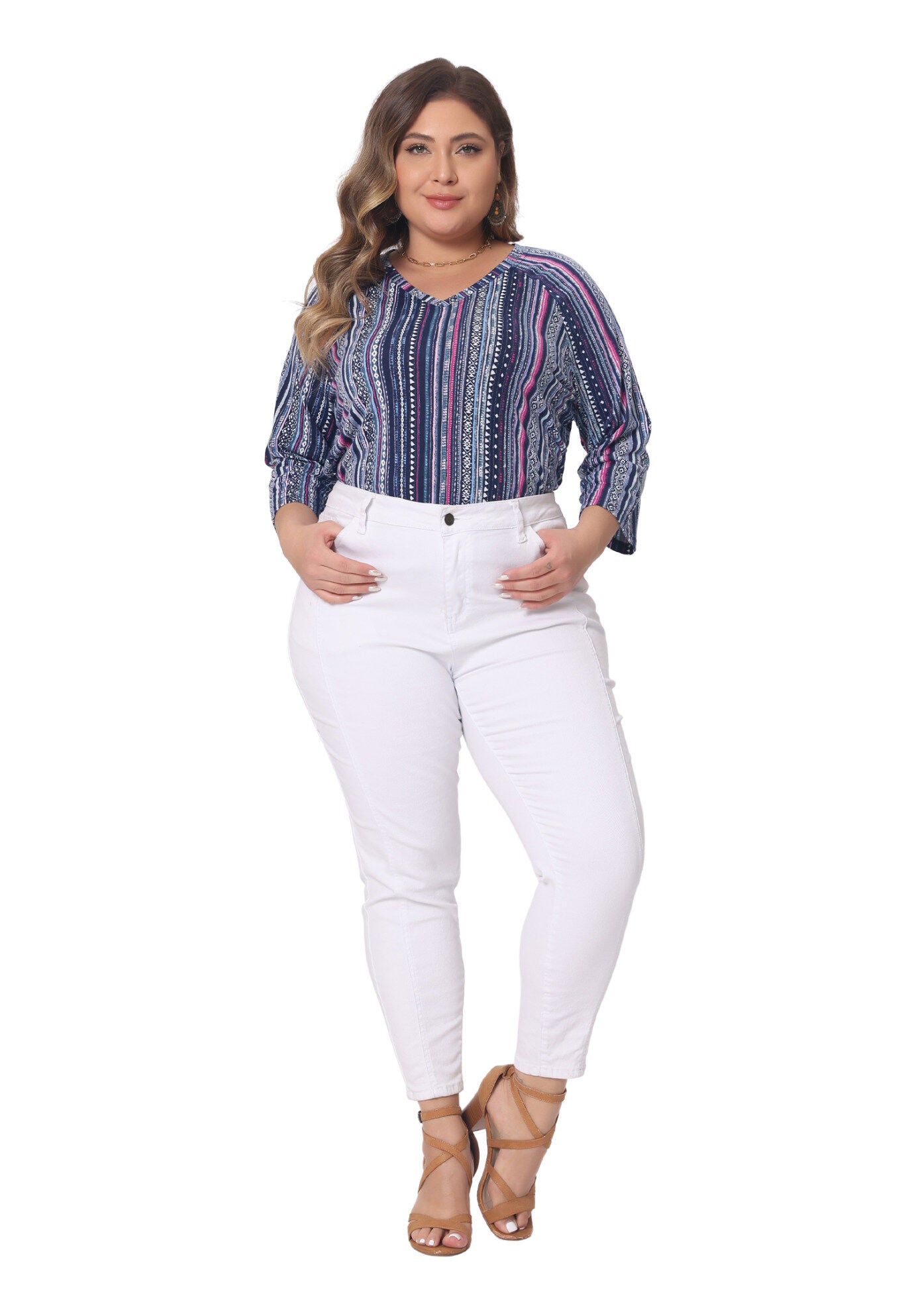 3/4 Sleeve Knit Blouse Tee Stripe Boho Top