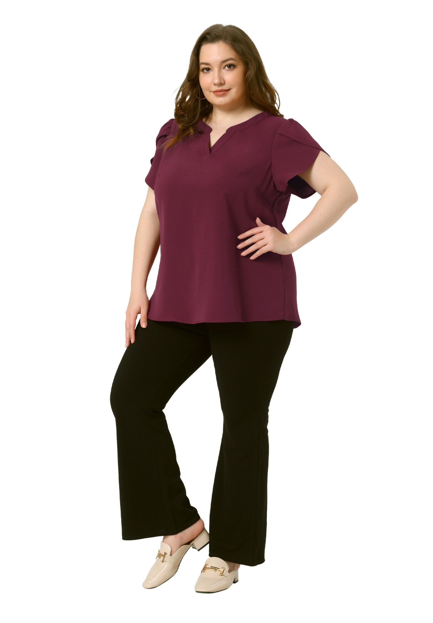 Notched V Neck Short Petal Sleeve Shirt Top
