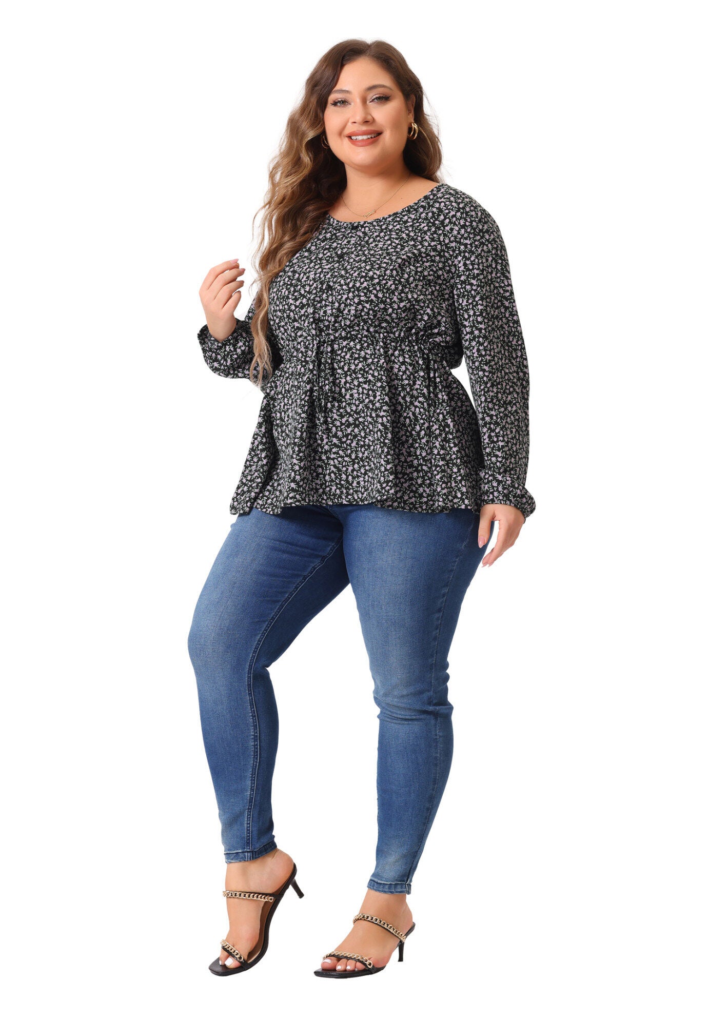 Floral Print Long Sleeves Belt Tie Ruffle Casual Peplum Top