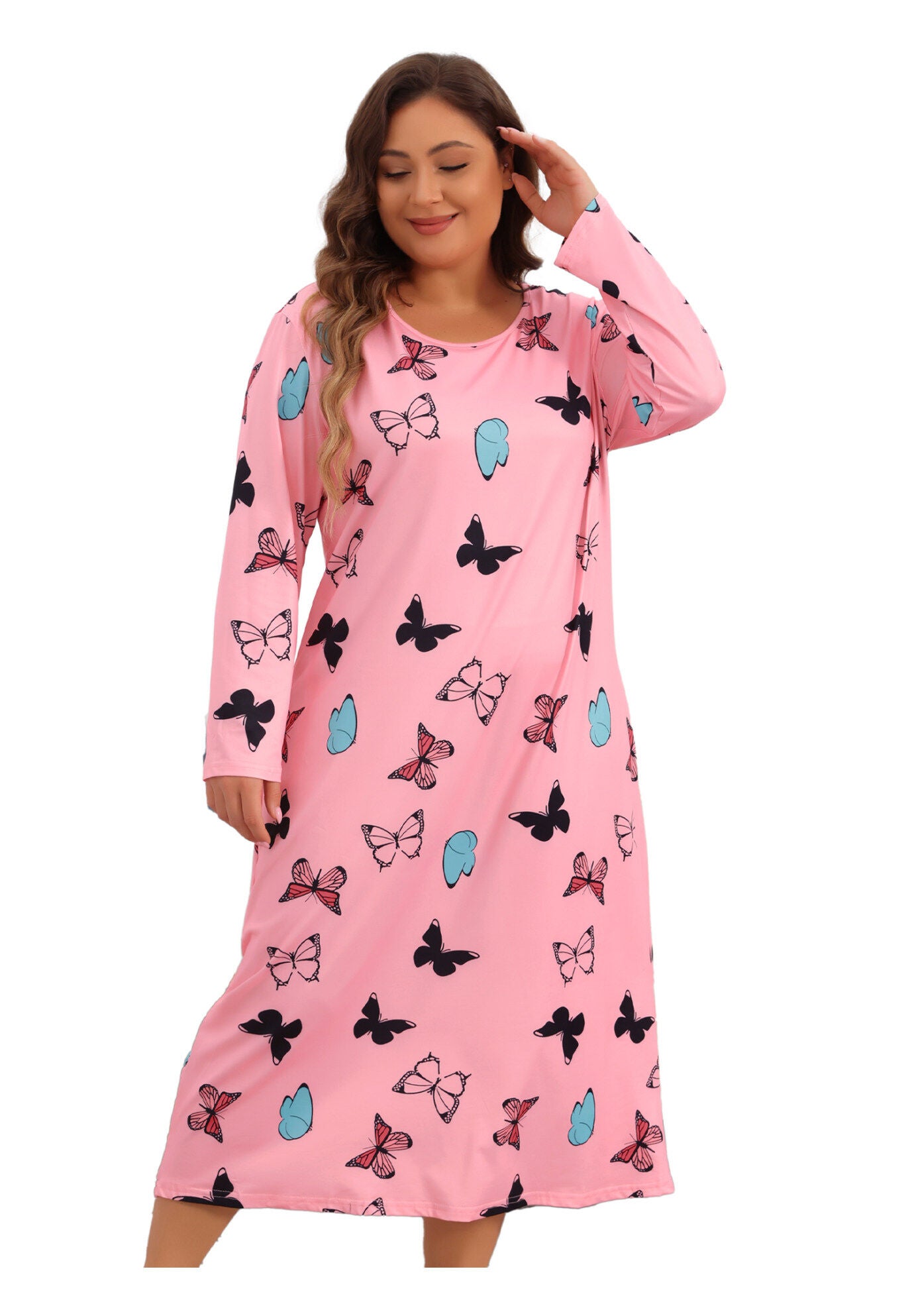 Crew Neck Long Sleeve&nbsp;Print Sleep Dress