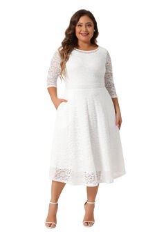 white plus size homecoming dresses BLVB Women's Plus Size Floral Lace Cocktail Dress, 3/4 Sleeve, A-Line Swing, X-Large, White
