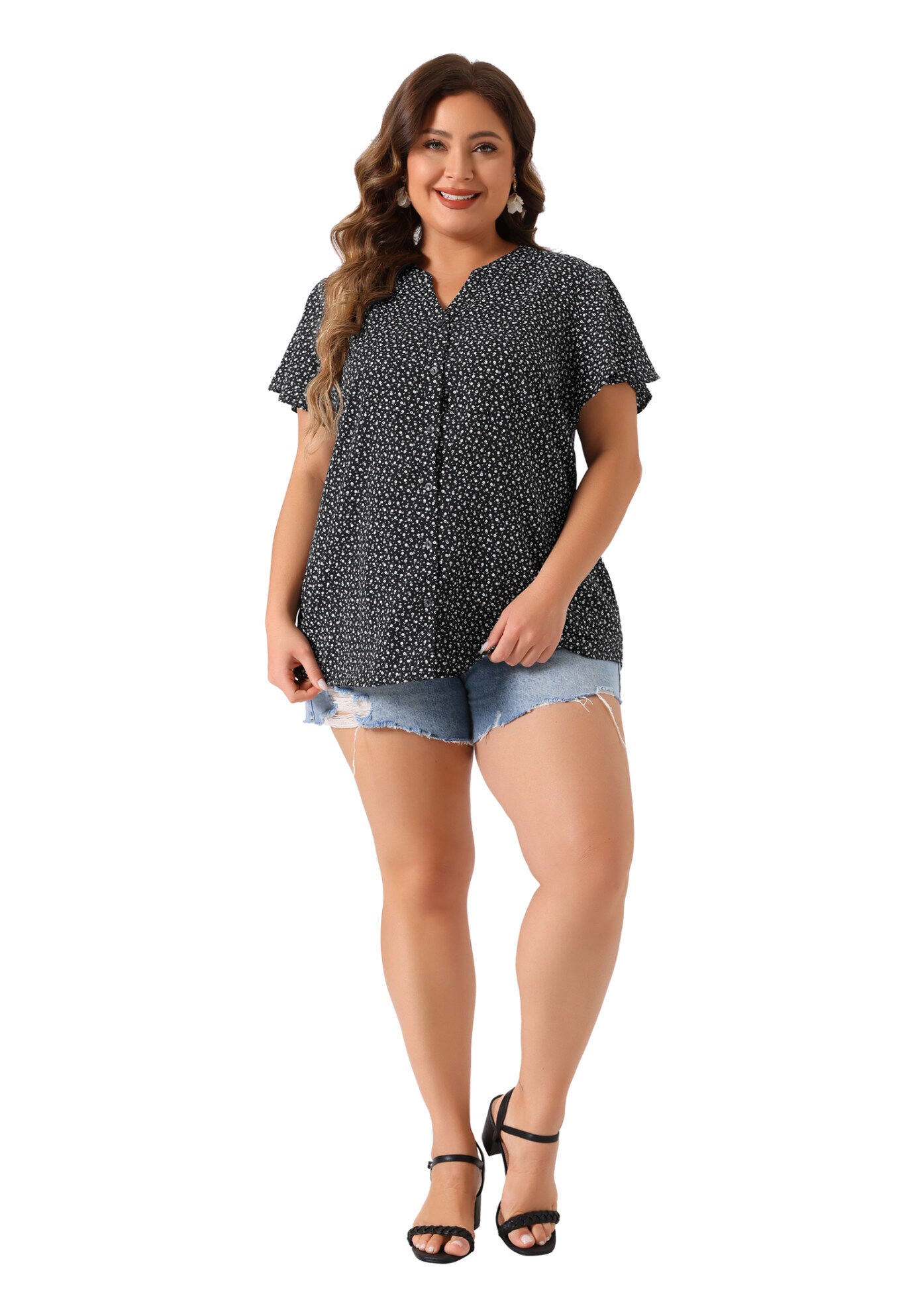 Flare Short Sleeve Button Down Floral Top Chiffon Shirt