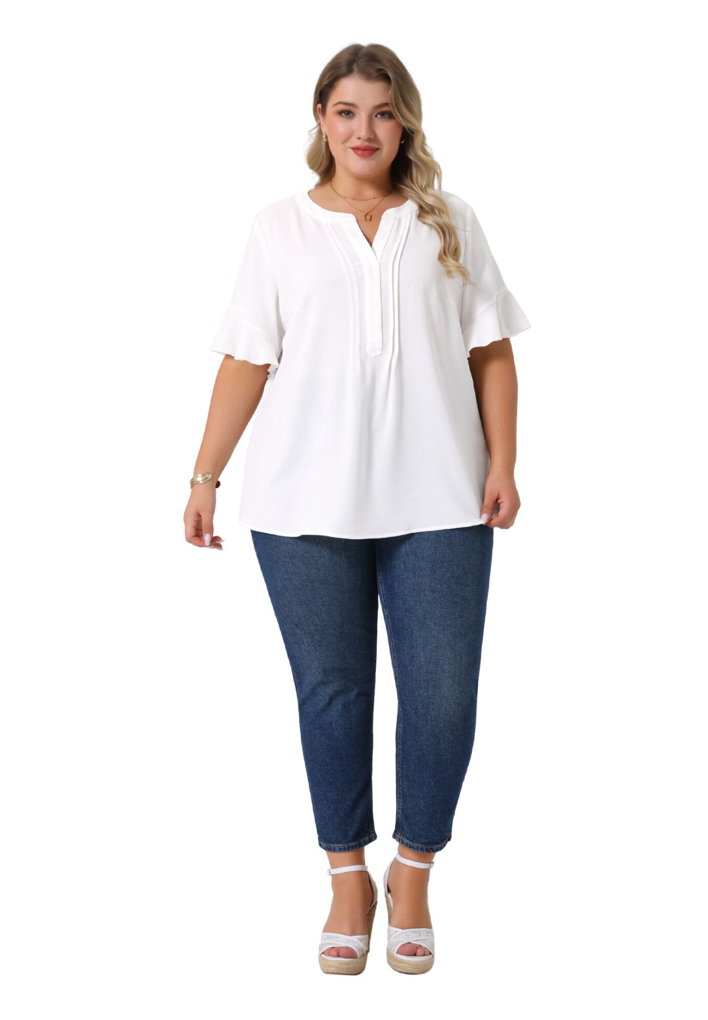 V Neck Ruffle Short Sleeve Chiffon Blouse Shirt