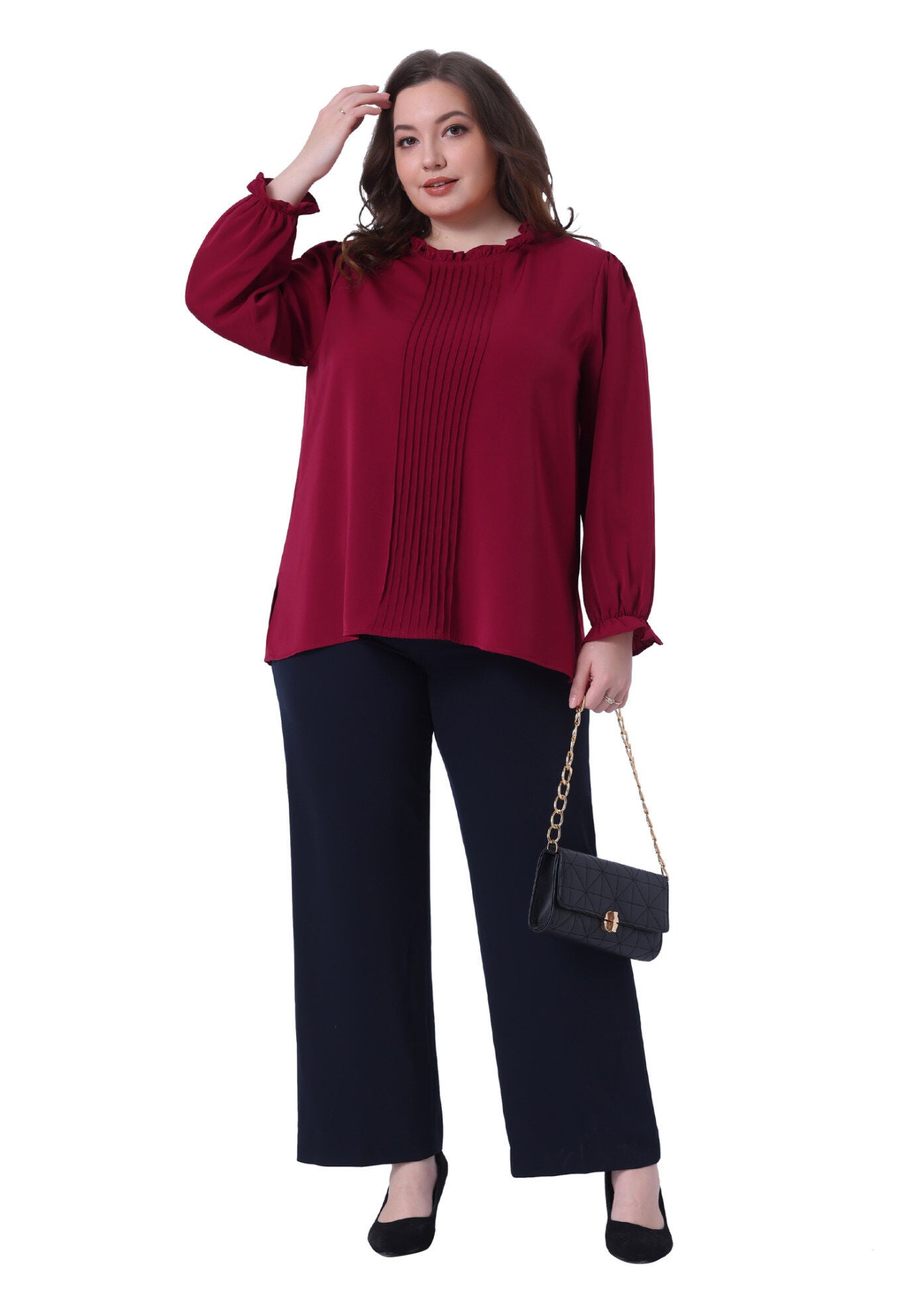 Long Sleeve Ruffle Front Pleated Top Elastic Cuff Blouse