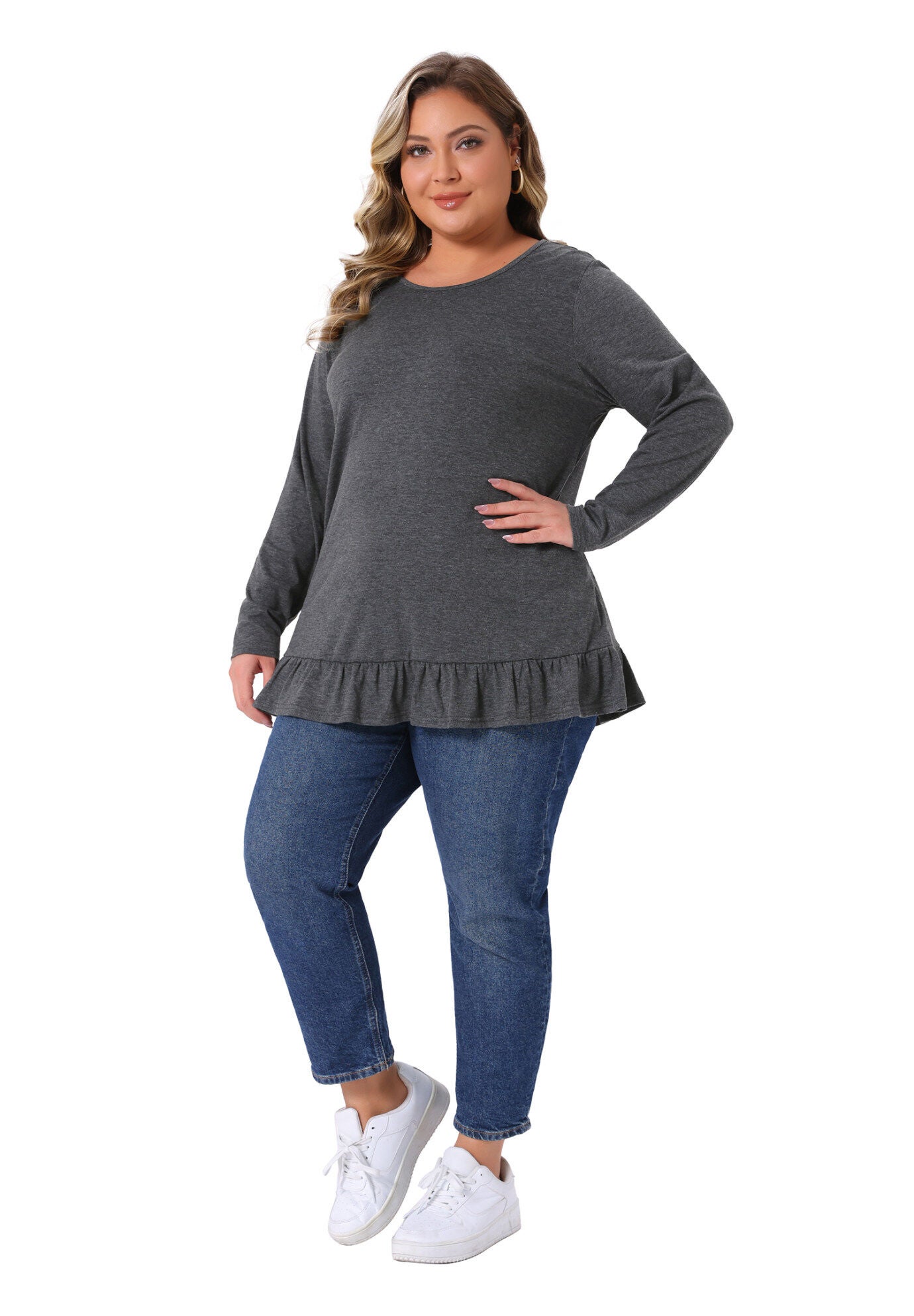 Crew Neck Ruffled Hem Flowy Blouses with Pockets