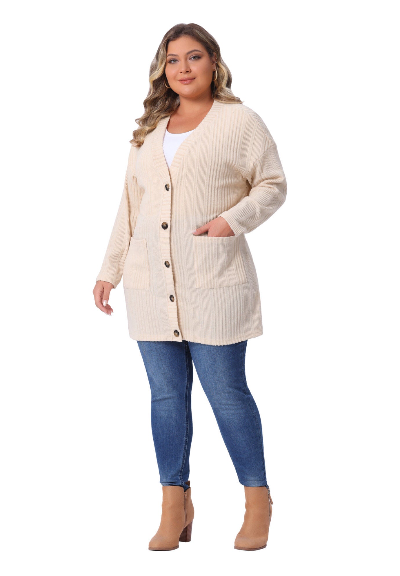 V Neck Long Sleeve Knit Cardigan with Pockets