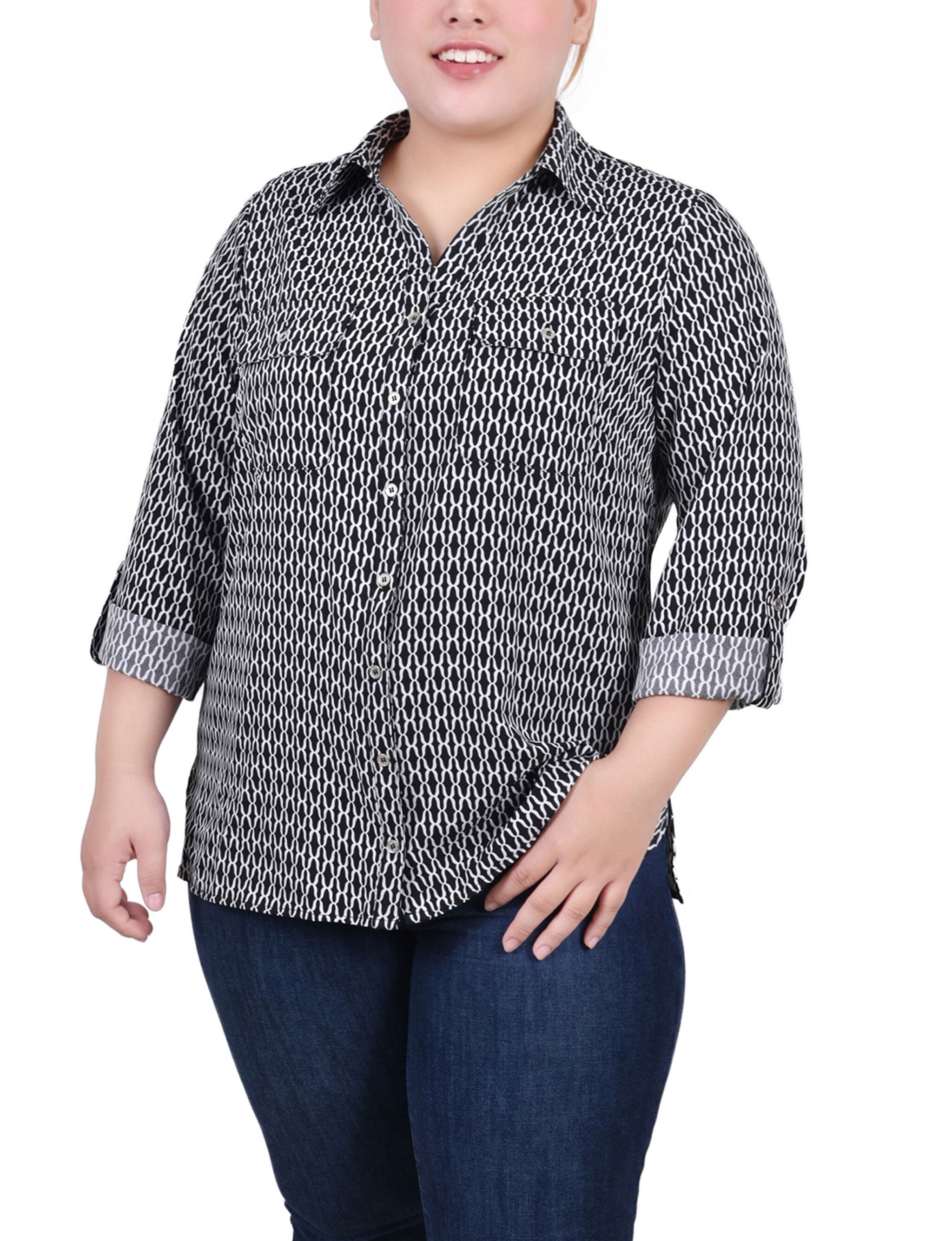 3/4 Roll Tab Blouse With Pockets