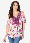 Lace-Trim Cold-Shoulder Tee, PURPLE TIE DYE, hi-res image number null