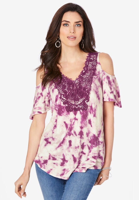 Lace-Trim Cold-Shoulder Tee, PURPLE TIE DYE, hi-res image number null