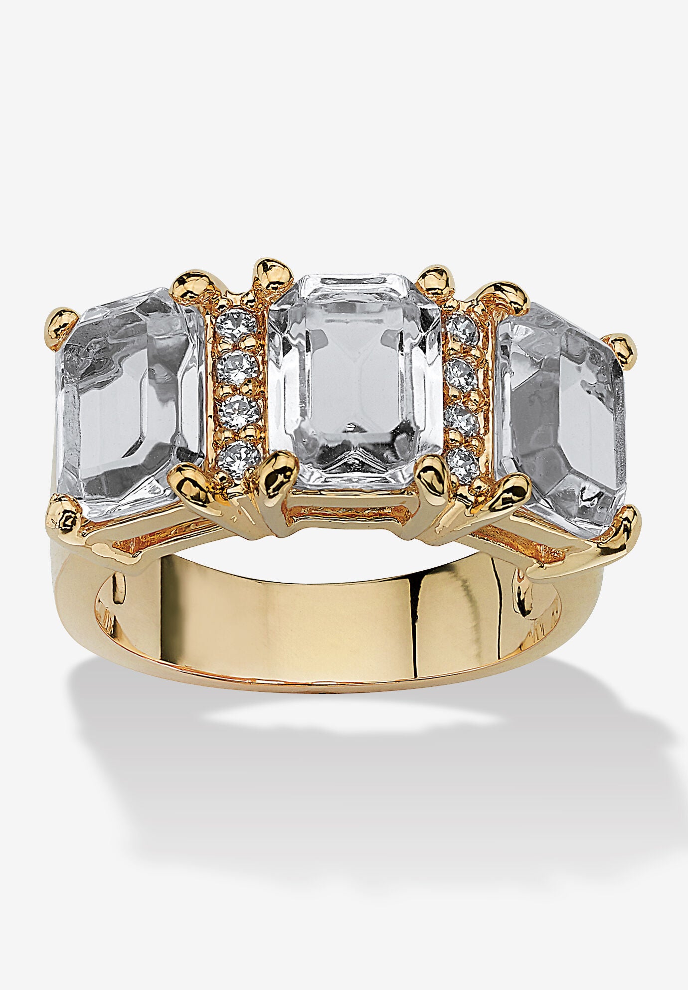 Yellow Gold-Plated Emerald Cut 3 -Stone Simulated Birthstone & CZ Ring, APRIL, hi-res image number 0