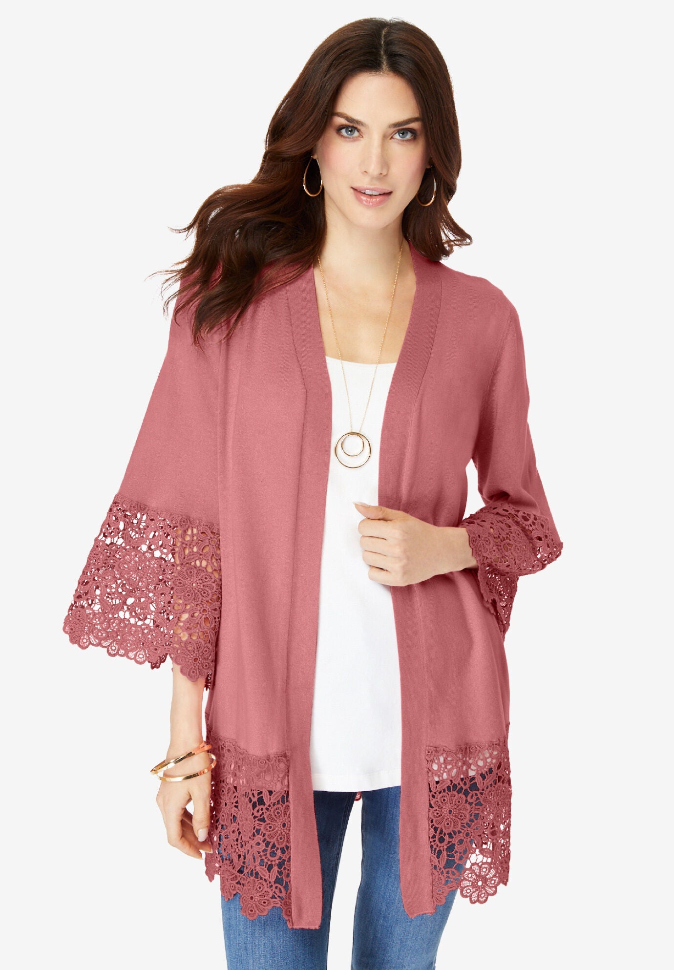 Fine Gauge Lace Trim Cardigan Sweater, DESERT ROSE, hi-res image number 0