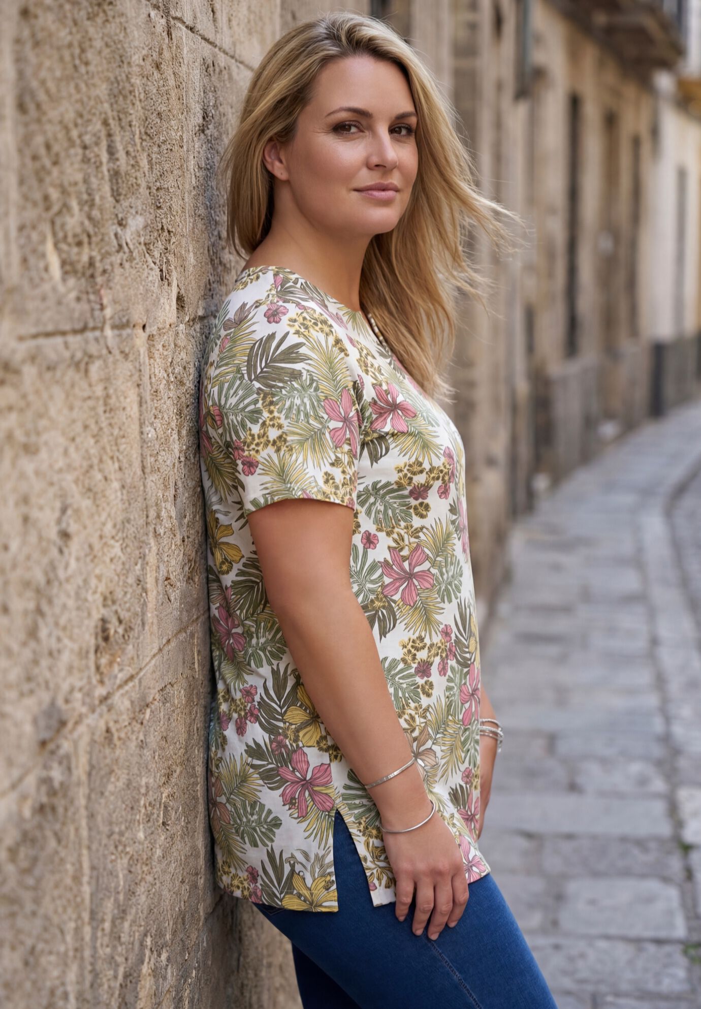 Plus Size Soft Knit Print Tunic with Notch Neckline, WHITE TROPICAL FLORAL, alternate image number 3