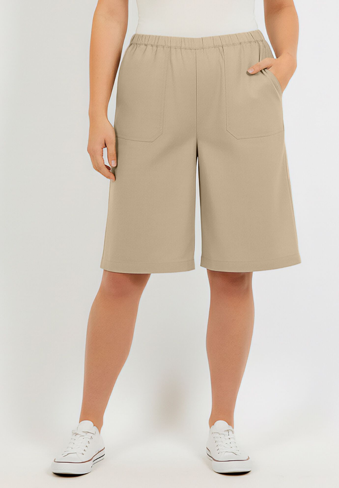 Plus Size Linen-Blend Pull-On Elastic Waist Shorts, SANDY BEIGE, on-hover image number 1