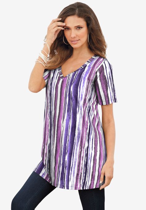 Studded Tie-Dye Tunic, MIDNIGHT VIOLET WATERCOLOR STRIPE, hi-res image number null