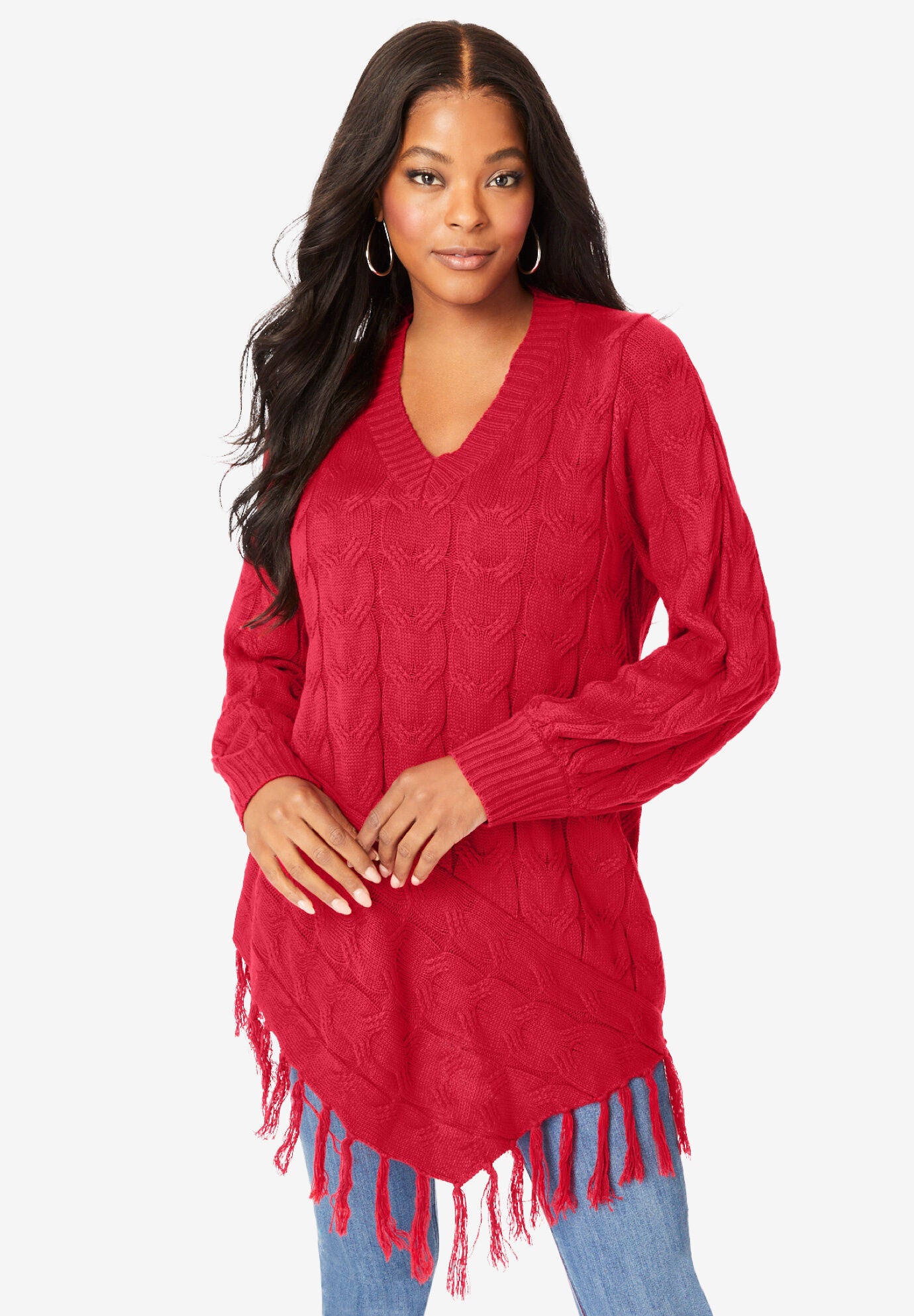 Fringed Cable Knit Sweater, CLASSIC RED, hi-res image number 0