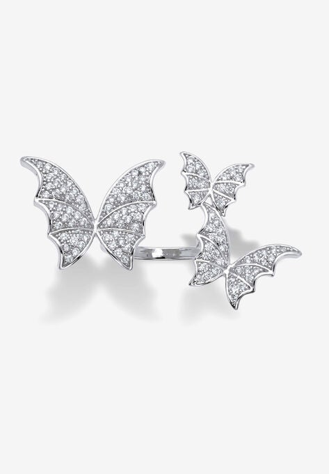 Silvertone Round Crystal Adjustable Butterfly Ring, CRYSTAL, hi-res image number null