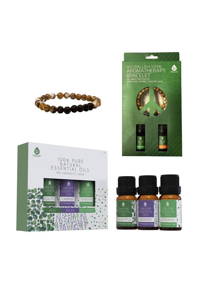 Aromatherapy Bliss Bundle: Lava Stone Bracelet + Pure Essential Oils., O, hi-res image number 0