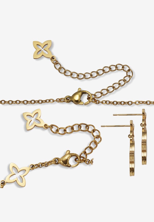 Genuine Mother Of Pearl Gold Ion-Plated Stainless Steel Clover Jewelry Set, , on-hover image number 1