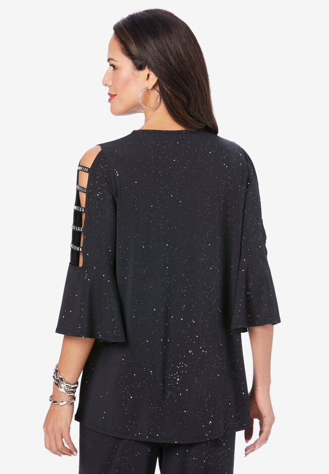 Embellished Lattice-Sleeve Ultrasmooth® Fabric Top, , on-hover image number null