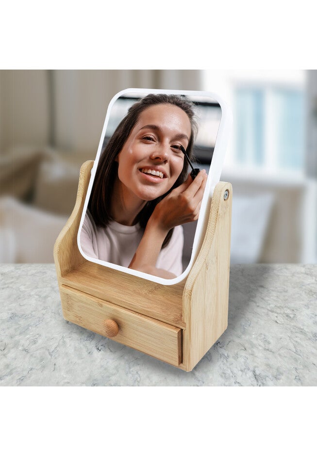 Dual Sided Mirror With Organizer Tray, Bamboo Base Drawer • 360° Rotation • 5X/ 1X Magnification, , on-hover image number 1