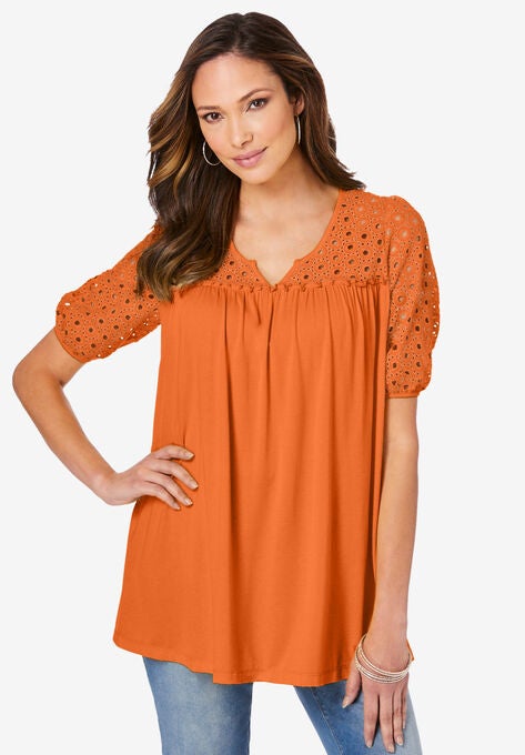 Lace Notch-Neck Tunic, VIVID ORANGE, hi-res image number null